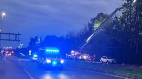 Dorset Emergency Lights from emergency vehicles turn the night sky blue as crews tackle a fire behind some trees, next to a dual carriageway.