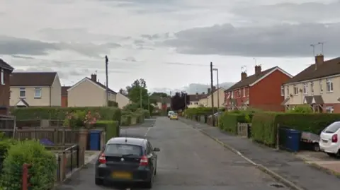 Google Red brick and cream houses line the street- each house has a bush outside or gate entering the path to the door.