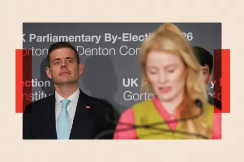Reuters Reform UK party candidate Matt Goodwin looks on as Green Party's candidate Hannah Spencer speaks following her victory