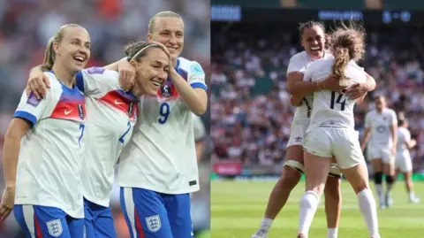 England Lionesses celebrate a goal v Portugal (left), England red roses celebrate a try during the six nations (right)