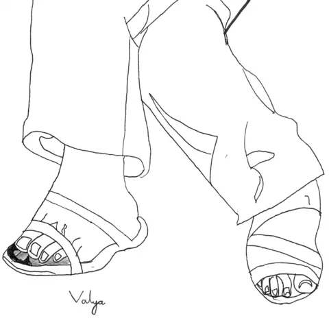 Valya Constable A line drawing of someone's crossed legs and feet in sandles.