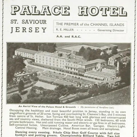 Jersey Heritage A black and white photo of a large hotel with its description and name Palace Hotel.