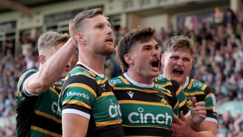 Northampton's George Furbank celebrates scoring a try during the Gallagher PREM match at cinch Stadium at Franklin's Gardens, Northampton.