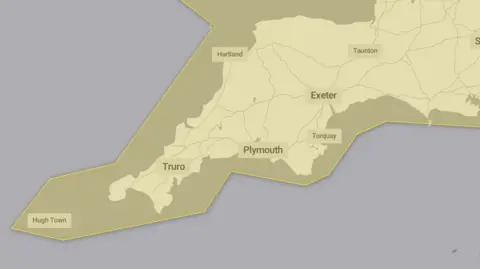 Met Office A map which shows where the yellow weather warning covers. It shows it covering the entirety of Cornwall and Devon.