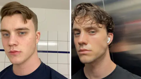 @leandermckl two photos of Leander, the one on the right was before he started looksmaxxing and he has a rounder face. The one on the right is more recently and his jaw is more angular