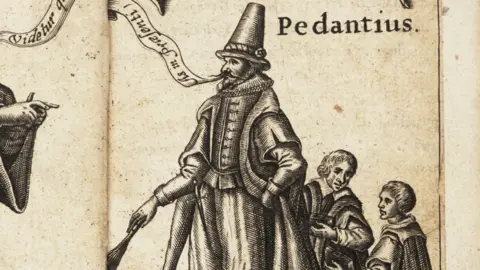 A close up of a black line drawing or woodcut across two open sepia-coloured pages of a book. It shows an 17th Century man, with Pendantius written to his right. He has a tall hat, is wearing a doublet and breeches under a cloak and in his right hand is a birch made up of a bundle of birch twigs.