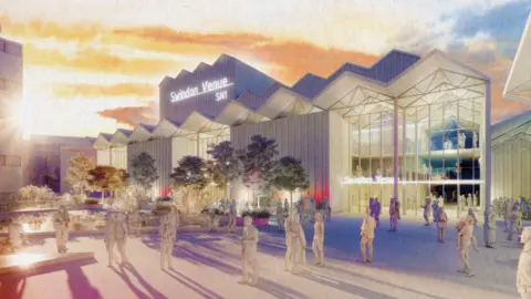 Stufish An artist's impression of how a new Swindon venue could look. Dozens of people are pictured standing outside the building on a sunny day. There are trees in front and the building has a jagged, pointy roof