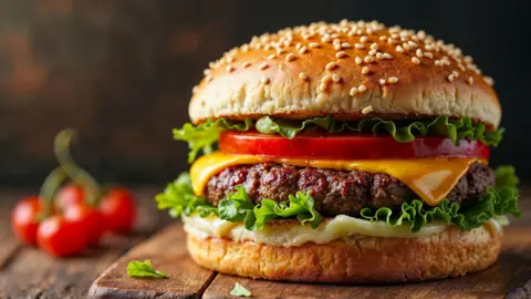 A beef burger in a sesame seed bun, with lettuce, cheese and a slice of tomato. 