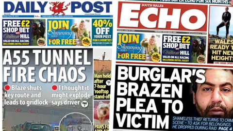 Front pages of the Daily Post with splash headline "A55 tunnel chaos" and front page of the South Wales Echo with splash headline "Burglar's brazen plea to victim".