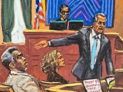 Sean "Diddy" Combs listens as his lawyer Marc Agnifilo makes his closing arguments during Combs' sex trafficking trial in New York City