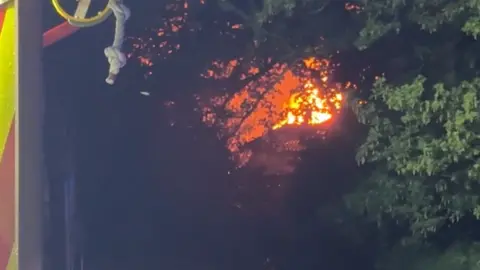 A building on fire, seen between the gaps of trees in the distance