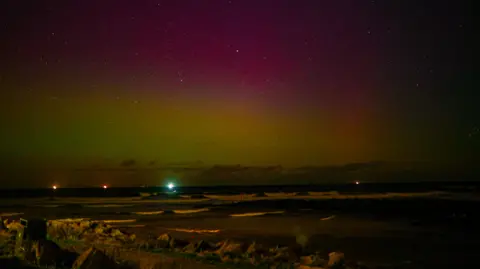 Nicola Rothwell  A dull yellow and pink sky above waves and a beach 