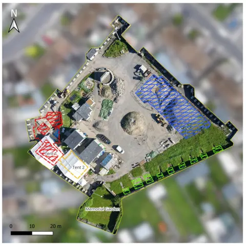 Office of the Director of Authorised Intervention, Tuam A map showing an excavation site. There are a number of areas highlighted, including 'Tent 1' and 'Tent 2'. 