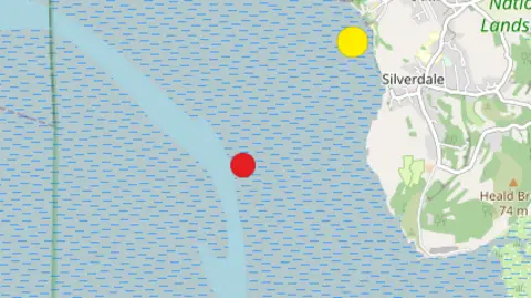 OpenStreetMap A screengrab of the British Geological Survey's earthquake map. The quake described in the story is labelled with a red dot, whereas the previous earthquake, to the upper right, is labelled yellow.