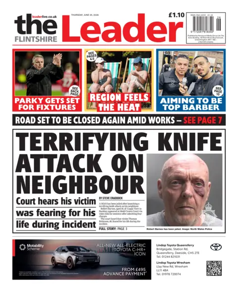 Flintshire Leader front page: Flintshire Leader front page: Terrifying knife attack on neighbour