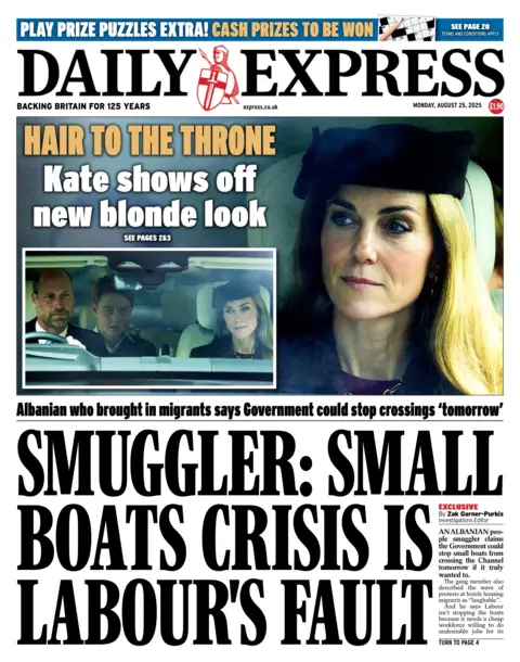 The headline on the front page of the Daily Express reads: "Smuggler: Small boats crisis is Labour's fault". 