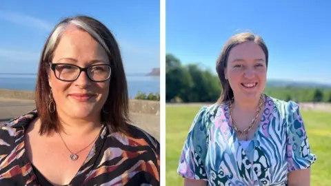 Sian Mulholland and Deborah Erskine in seperate pictures put together. Sian has shoulder length brown hair with grey highlight at the front and is wearing a brown, purple, red and orange patterned top - she is also wearing black rimmed glasses. Deborah has long brown hair and is wearing a blue, green, white and pink patterned dress with a gold bulky chain necklace.