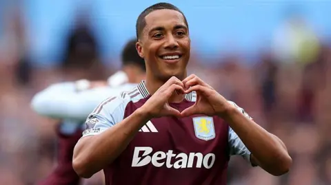 Youri Tielemans celebrates after scoring for Aston Villa in their Premier League game at home to Fulham