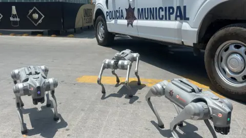 Three robodogs stand in the foreground with a Mexican police truck in the back.