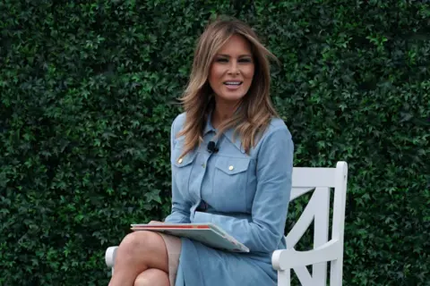  Melania Trump reads a story book to children during the 141st Easter Egg Roll on the South Lawn