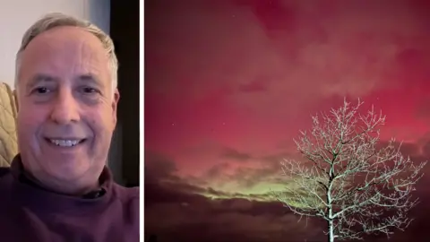 Mark Garside (left) is smiling at the camera has brown eyes and grey hair and on the right is his photo of the Northern Lights.