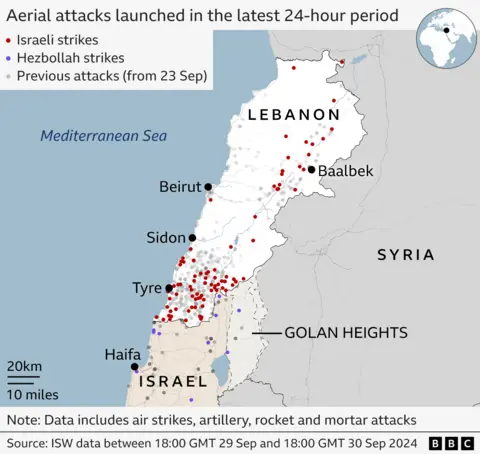 A map showing aerial attacks launched on Lebanon and Israeli between 18:00 GMT on 29 September and 18:00 GMT on 30 September. Most of the Israeli strikes have been on locations in southern Lebanon, while Hezbollah attacks have mostly been on northern Israel. 