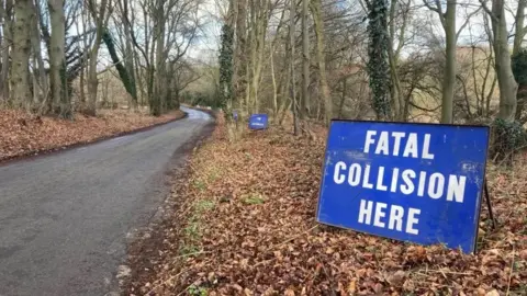 The road the crash happened on. It is a single-lane road with trees on either side. There is a blue sign in the foreground that says "Fatal collision here". There are two more blue signs placed at intervals along the road.