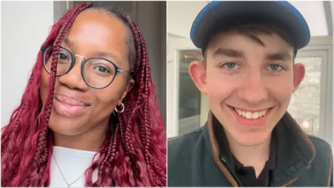 Photos of a smiling woman in glasses in pink-red dyed hair (Faustina Kamara) and a smiling man in a black fleece (Brandon Rose)
