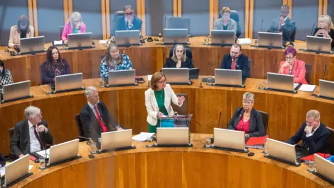 A group of Senedd members sat in the Senedd debating chamber, with the first minister Eluned Morgan stood at the front in the centre, in a white jacket and green dress.