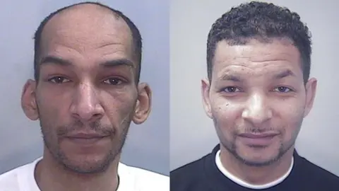 South Wales Police Mugshots of a bald man with a white t-shirt on the left and a man wearing a black top on the right