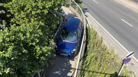 A bird's eye view of a blue car stuck in between railings on a footpath next to a road. Large trees and bushes can be seen on the left of the path. On the right, there is a small area of bushes next to a road. 