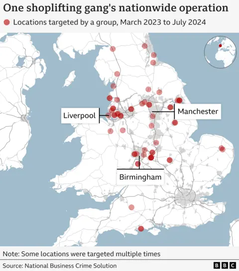 Map of England and Wales showing locations targeted by a shoplifting gang. The map uses dots showing the location of different incidents. There are clusters of dots in Liverpool and up the north-west coast of England, one dot in Wrexham, Wales, dots across the north of England as far up as Newcastle-upon-Tyne. There are also clusters in the West Midlands and a few spread out as far east as Norwich and as far south as Dorset.