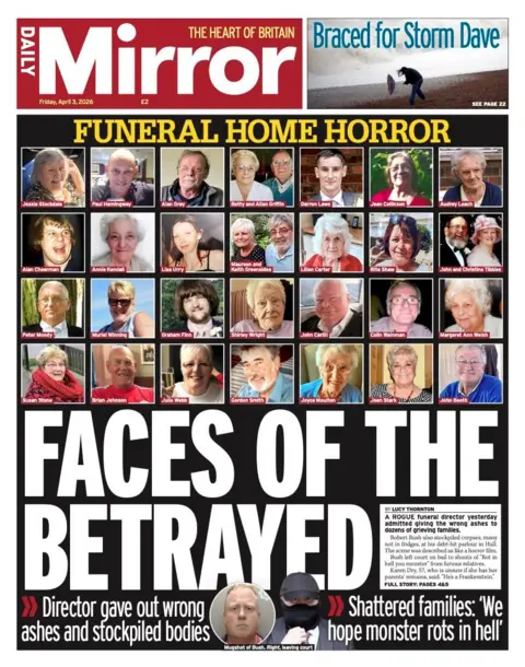 The headline on the front page of the Daily Mirror reads: "Faces of the betrayed."
