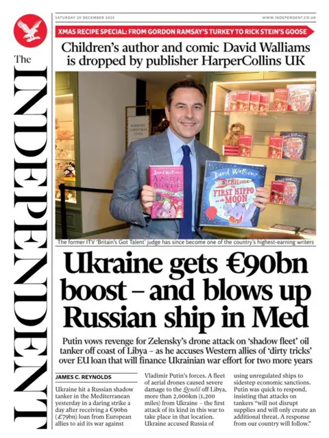 "Ukraine gets €90bn boost – and blows up Russian ship in Med" reads the headline on the front page of the Independent.