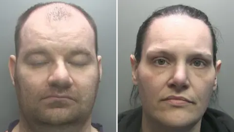 Mugshots of Christopher Templeman and Lisa Harper. Templeman is wearing a purple T-shirt and has thinning hair. He has his eyes closed. Harper is wearing a black hoodie and has her dark hair tied up.