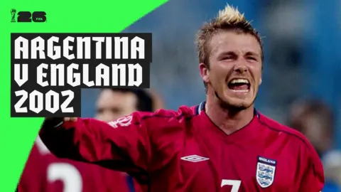 David Beckham celebrates against Argentina in 2002