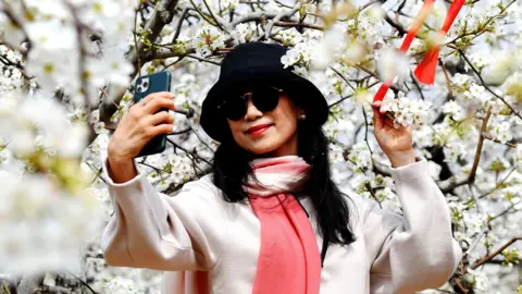  A tourist takes a selfie among blooming pear flowers in Shiliangliu village, West Coast New District, Qingdao, Shandong province, China.