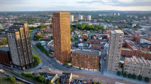 A CGI image of the scheme including a tall tower black alongside four other shorter buildings. The towers sit among city streets and houses.