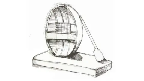 A black-and-white line drawing of a round coracle boat on its side on a plinth with a paddle leaning against its side. 