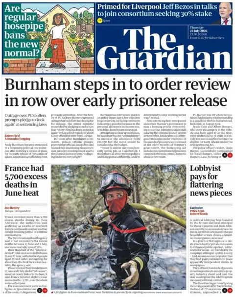 The headline on the front page of the Guardian reads: "Burnham steps in to order review in row over early prison releases".