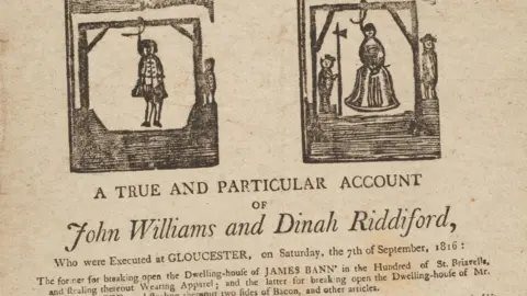 An aging yellowed document with wood cutting stamps depicting a man and a woman being publicly hanged. Below it reads 'A true and particular account of John Williams and Dinah Riddiford'. 