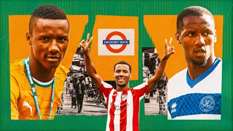 Richard Kone at the Homeless World Cup, in action for Athletic Newham and for QPR, with a Hackney Wick London Underground logo and pictures of the streets of Abidjan in the background