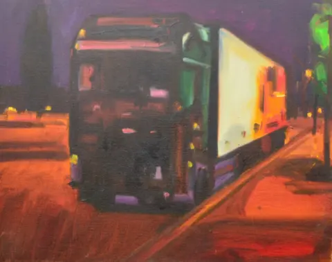 Shaun Morris An oil painting of a lorry at night