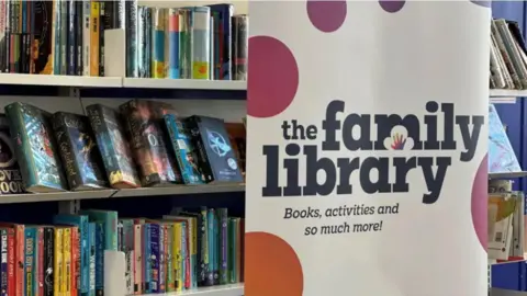 A sign that reads "The Family Library: books, activities and so much more!" It is white with multi-coloured spots and is on a banner in front of a bookshelf full of books.