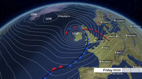 BBC Weather A weather chart of the eastern North Atlantic Ocean, showing the tight isobars encircling a deep area of low pressure approaching the north west of the British Isles early on Friday. The storm looks set to bring disruptive weather for parts of the country.

