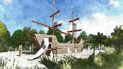 Royal Parks An artist's impression of a galleon ship which will be at the centre of a refurbished play area. Silhoutes can be seen on the sand while the ship is complete with a crow's nest lookout and a slide.