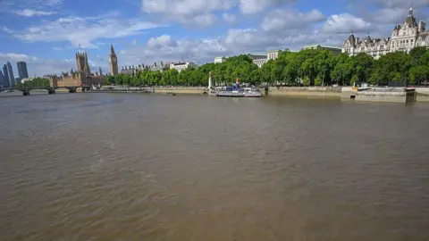 Getty Images A large expanse of brown water in the River Thames. The bank is lined with several large boats and trees, and the Houses of Parliament and Big Ben are in the distance.