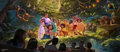 Disney A scene from the new Encanto ride is shown in an artist impression. Characters from the Disney Animation film are seen performing as a ride vehicle filled with people passes by