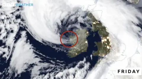 A satellite image showing the Storm Eowyn swirling around the UK and Ireland