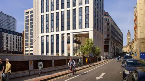 A CGI showing a busy city centre road with a large tower block in the background.